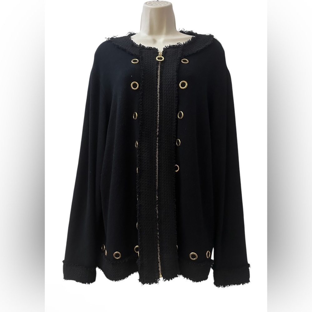 Belldini Women’s Black 3X Open Front Grommet Cardigan – Gold Detail